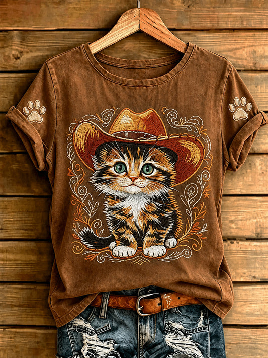 Naisten Retro Western Cowboy Cat Short Sleeve T-paito