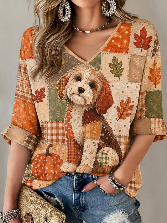 Naisten Fall Patchwork Print Casual V-kaula T-paita