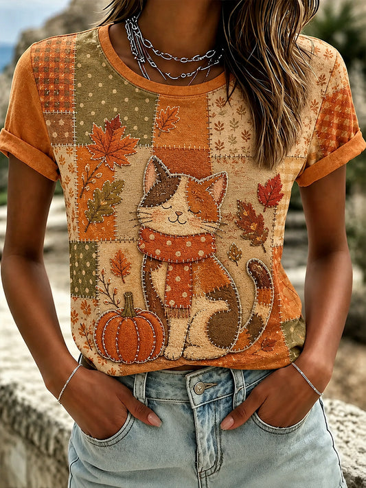 Naisten Fall Patchwork Print Casual T-paito