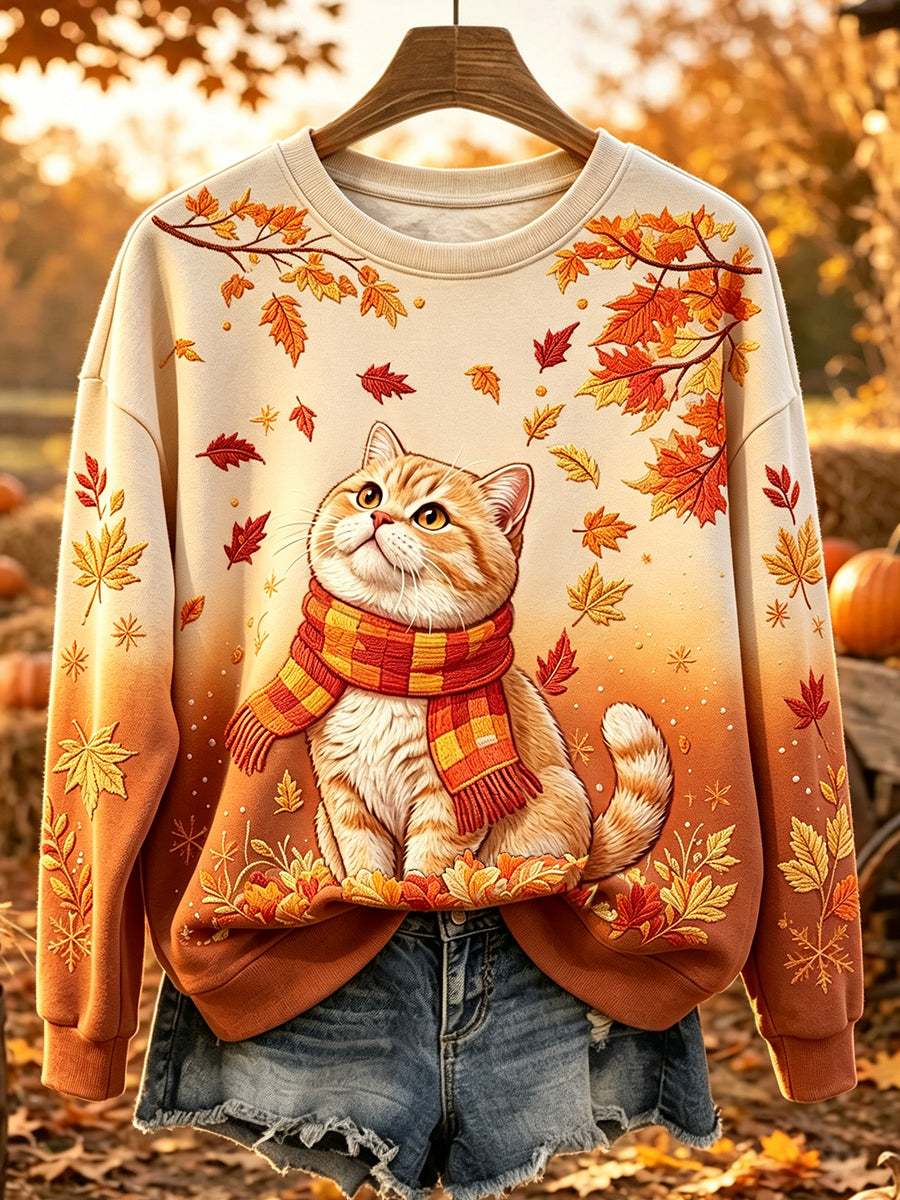 Naisten söpö Cat Fall Art Print Gradient mukava pyöreä kaula Sweatshirt