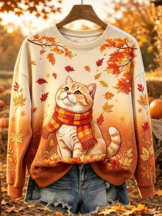 Naisten söpö Cat Fall Art Print Gradient mukava pyöreä kaula Sweatshirt