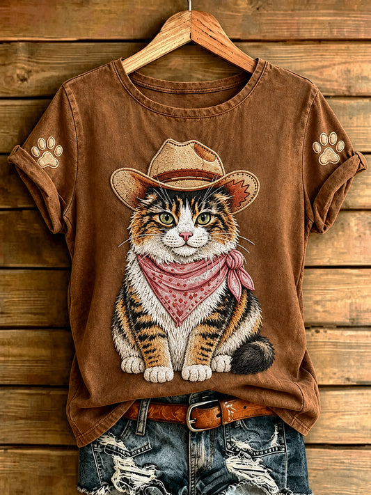 Naisten retro lännentyylinen cowboy-kissamallinen lyhythihainen t-paita