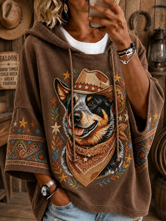 Naisten retro lännentyylinen cowboypaita koirakuosilla, rento löyhä huppari