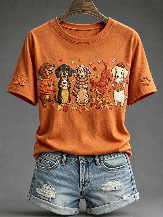 Naisten Cute Fall Dachkoera Art Print Lyhyhiha T-paita