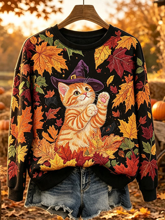 Naisten söpö Cat Fall Art Print Casual pyöreä kaula Sweatshirt