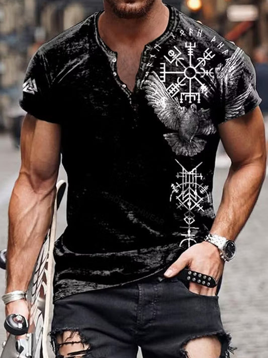 Retro viikinkitaidepainatus rento Henley-paita