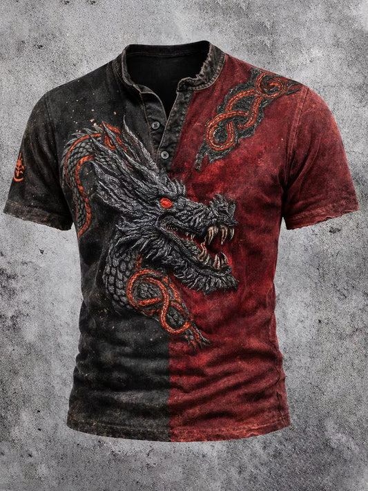 Retro viikinkitaidepainatus rento Henley-paita