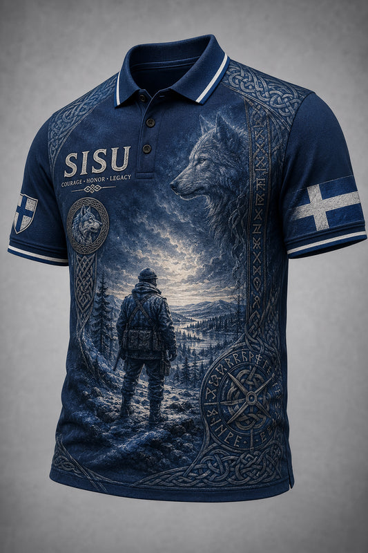 Miesten Sisu-poloartistisella painokuvitelmalla, jossa on suomalaisten veteraanien henkeä edustavia elementtejä
