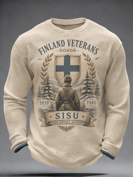 Miesten Sisu-miesten pitkähihainen t-paita taiteellisella painokuvituksella ja suomalaisilla veteraanihengen elementeillä