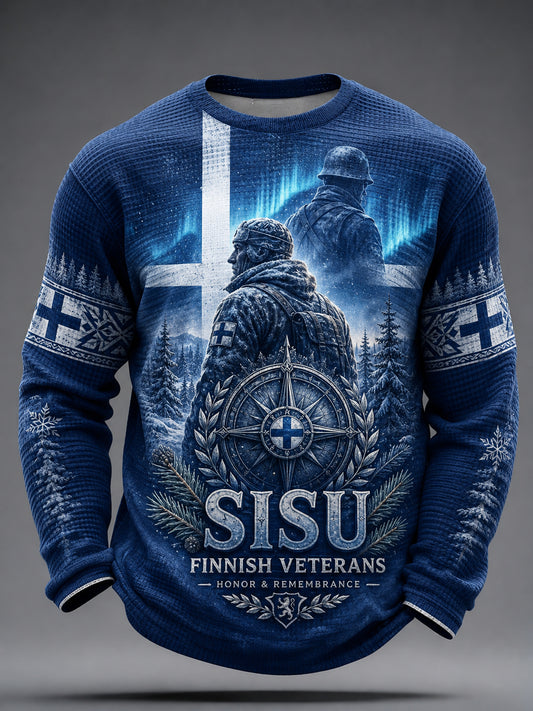 Miesten Sisu-miesten pitkähihainen t-paita taiteellisella painokuvituksella ja suomalaisilla veteraanihengen elementeillä
