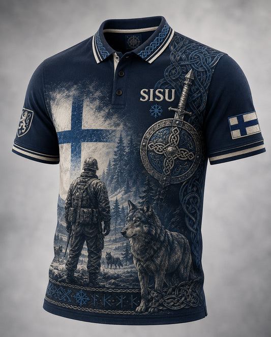 Miesten Sisu Polo taiteellisella painolla Suomen Veteran henki elementtejä