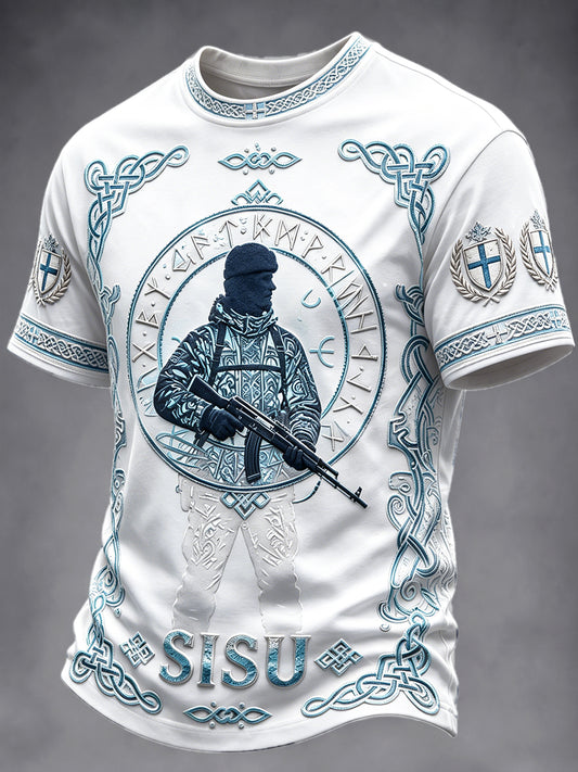 Miesten valkoinen suomalainen armeija Sisu Print Casual T-paito