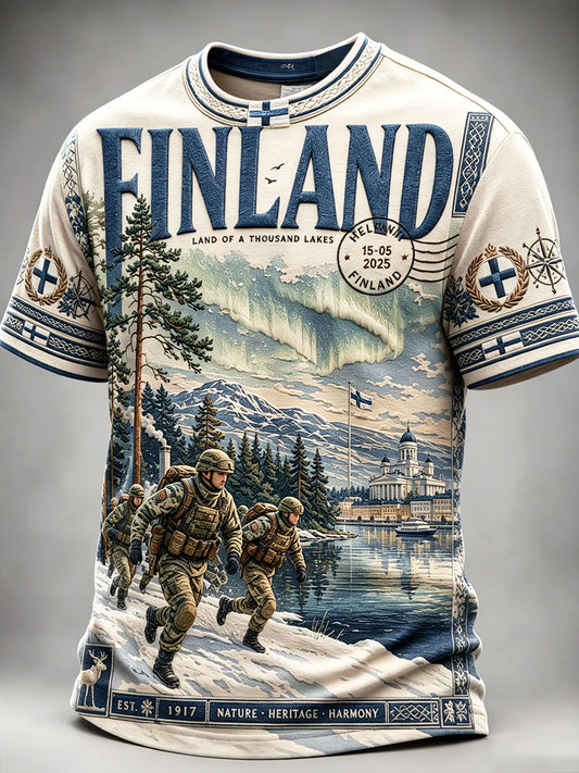 Miesten Vintage Suomen Armeija Sisu Print Casual T-paito