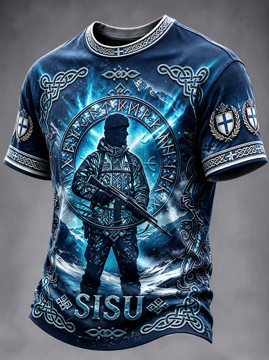 Miesten sininen suomalainen armeija Sisu Print Casual T-paito