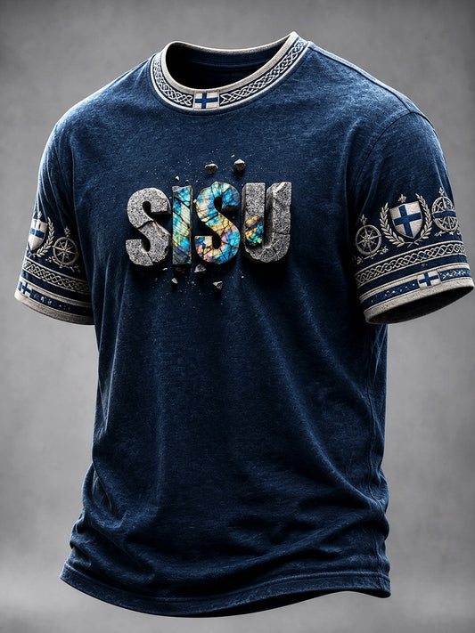 Miesten sininen suomalainen sotilaallinen 'Sisu' Henki Print Casual T-paito