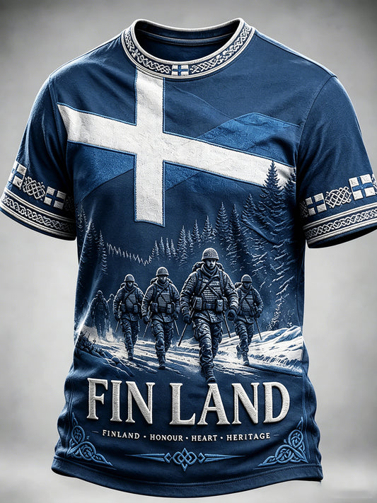 Miesten sininen suomalainen sotilas-Print Casual T-paito