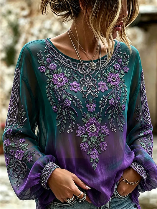 Naisten luokan violetti kukka kelttinen solmu Tulosta Gradient Puuvilla-Linen-paita