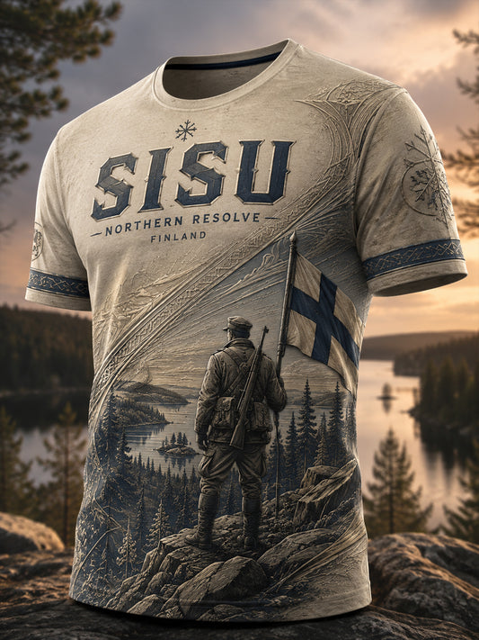 Miesten Sisu-isänmaallinen taidetuloste, rento t-paita (suomalainen veteraanielementti)