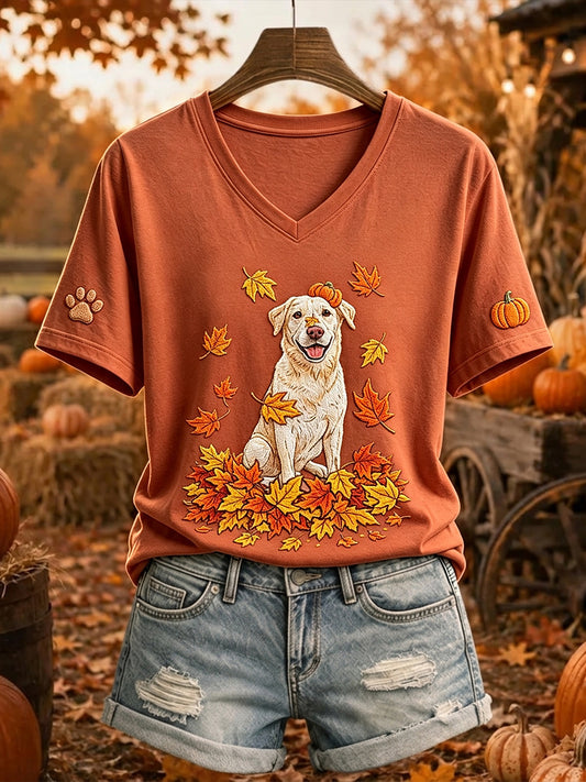 Naisten Cute Fall Labrador Print V Neck Short-shihdat T-paito