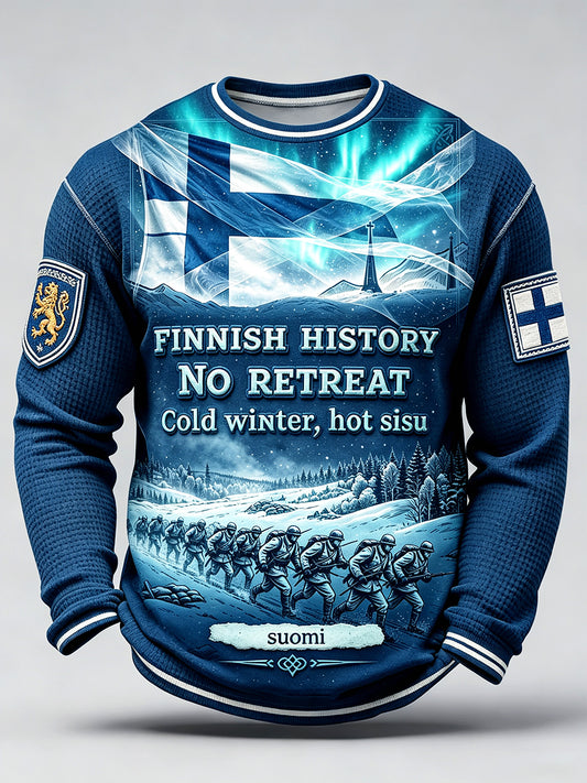 Miesten sininen suomalainen sotilaallinen 'Sisu' Henki Print Casual LongSleeved T-paito