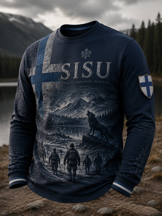 Miesten suomalainen veteraanien sisuhenki ja kulttuurielementit -taidepainatust-paida