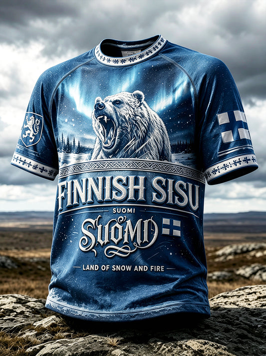 Miesten sininen suomalainen Sisu 'Erämahuolto Karhu Print Casual T-paito