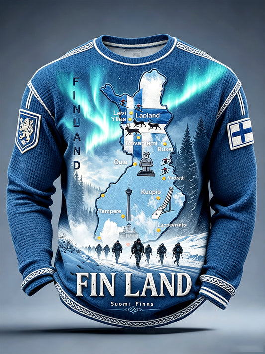 Miesten sininen suomalainen sotilaallinen innoittama 'Sisu' Spirit Aurora Tulosta Casual Long-Sleeved T-paito