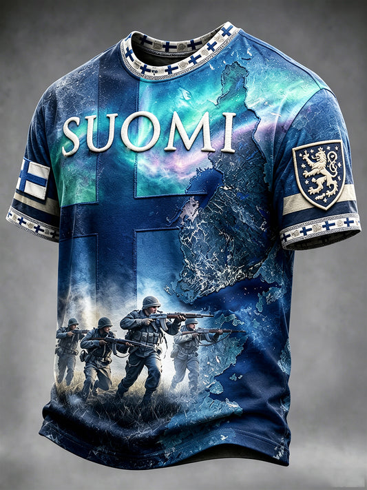 Miesten Blue Suomen Armeija Aurora Tulosta Casual T-paito
