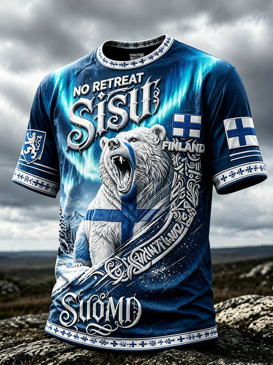 Miesten sininen suomalainen Sisu Heritage Henki Karhu Print Casual T-paia