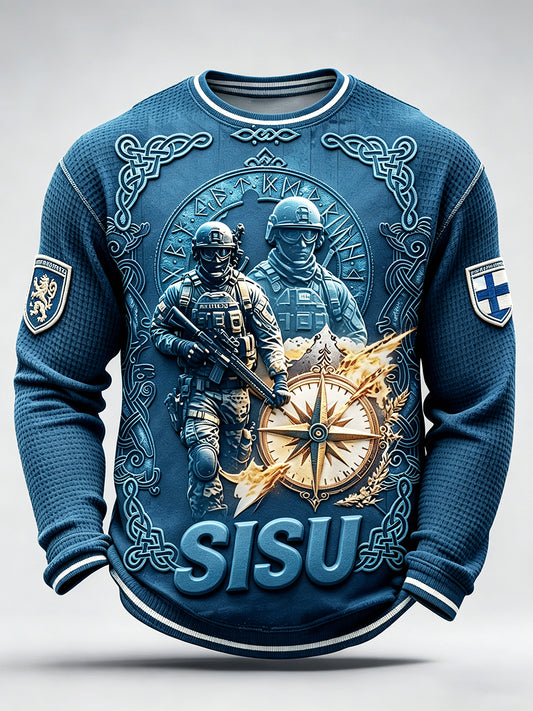 Miesten Retro Suomen sotilaallinen 'Sisu' Henki Print Casual LongSleeved T-paito