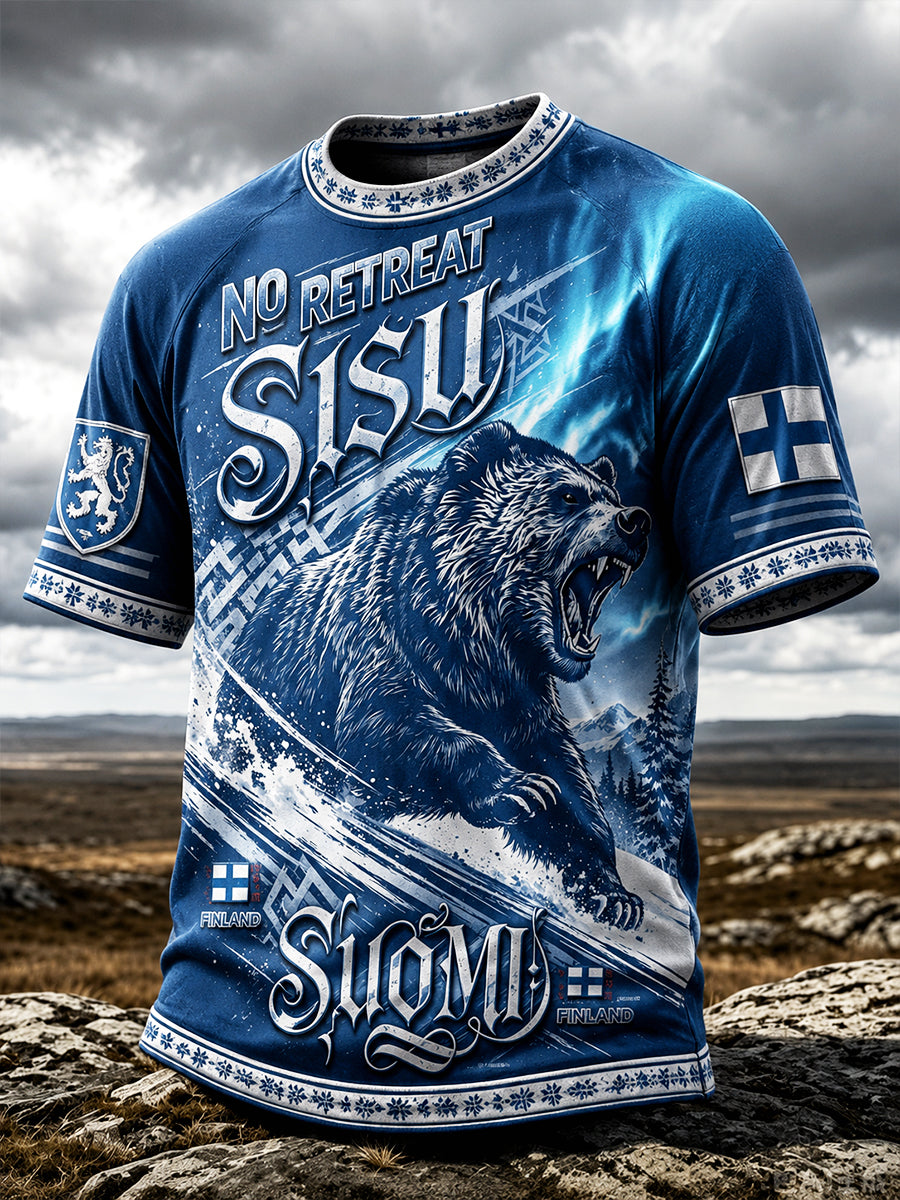 Miesten Blue Suomen Sisu Heritage Spirit Aurora Print Casual T-paito