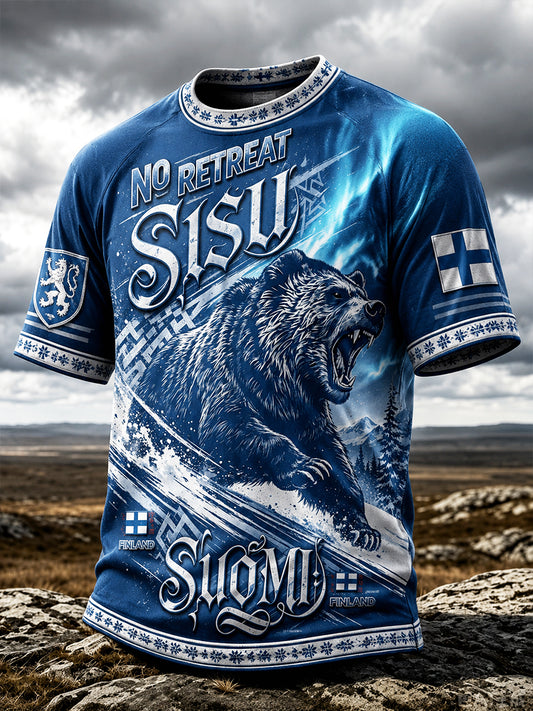 Miesten Blue Suomen Sisu Heritage Spirit Aurora Print Casual T-paito