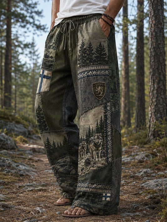 Miesten Sisu-hengestä inspiroidut taidetulosteiset rentoushousut (suomalainen veteraanityyli)