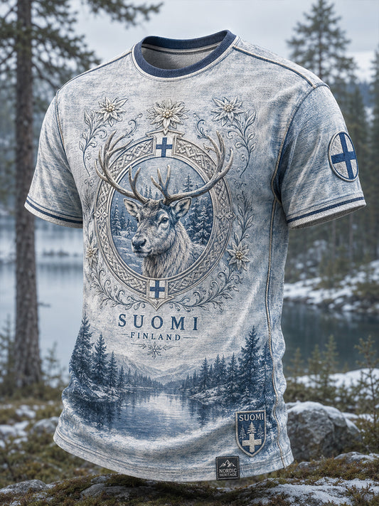 Miesten suomalainen arktinen poro-elementti taidepainatus rento t-paita