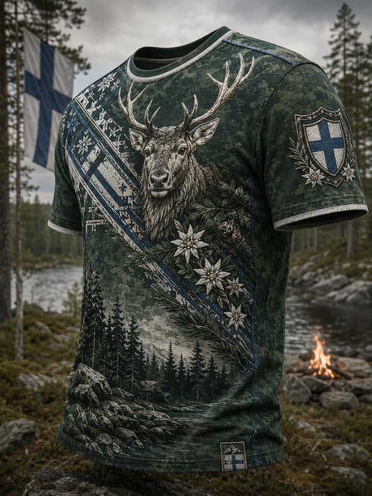 Miesten suomalainen arktinen poro-elementti taidepainatus rento t-paita
