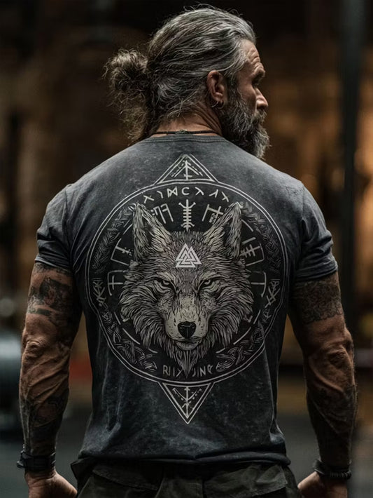 Miesten retro Viking susi kuvio painettu rento lyhythiha T-paita