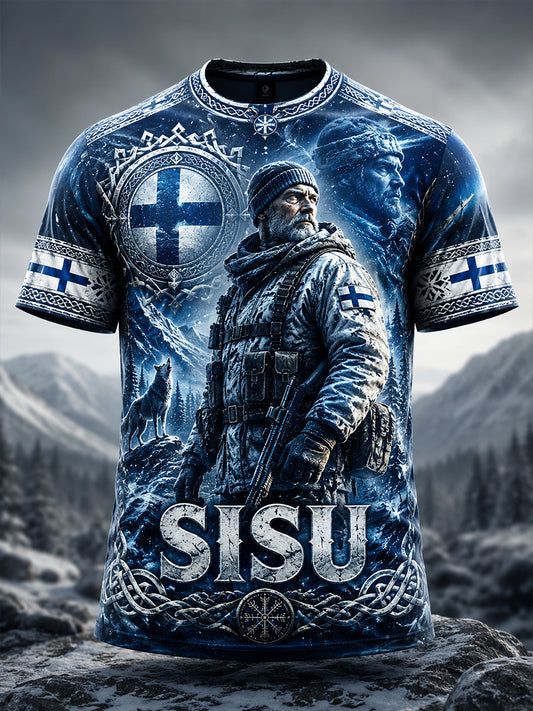 Miesten suomalainen veteraani Sisiu-hengestä inspiroidun taiteen t-paida