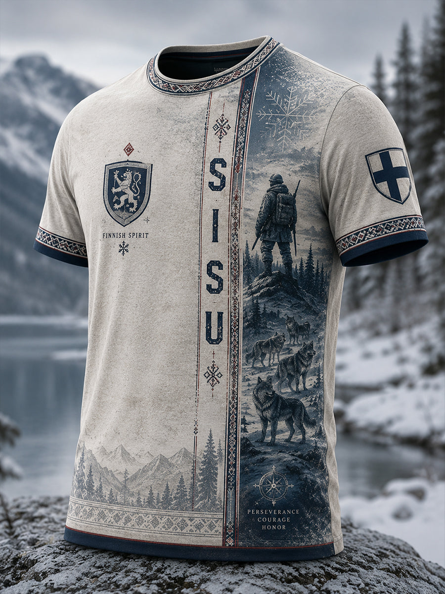 Miesten suomalainen veteraani Sisiu-hengestä inspiroidun taiteen t-paida