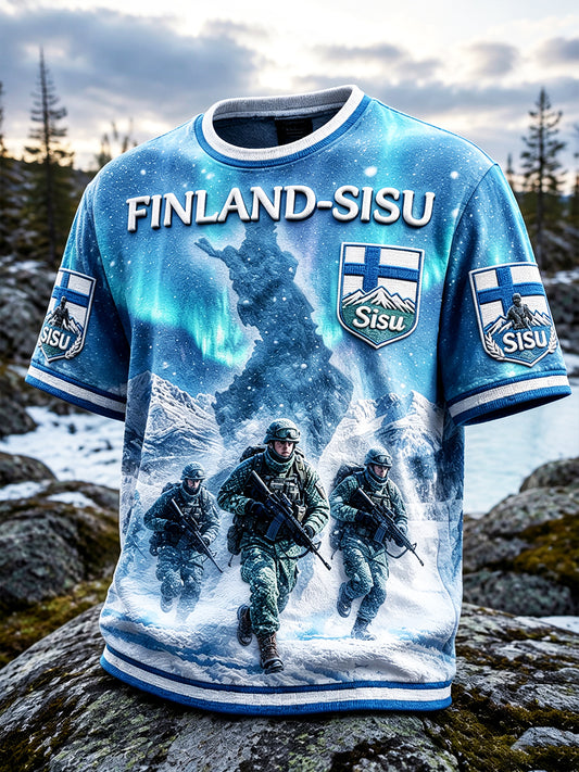 Miesten suomalainen sotilas 'Sisu' Spirit Aurora Print Casual T-paito