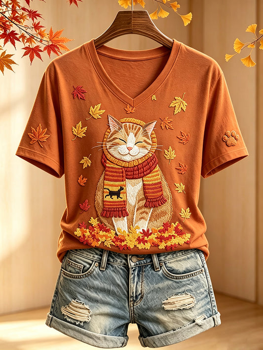 Naisten Lovely Fall Cat Print Mukava lyhythihihainen T-paito