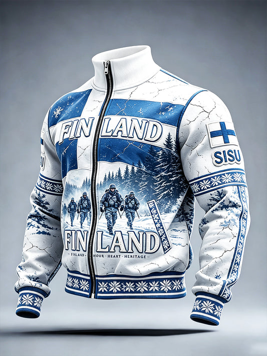 Miesten valkoinen Vintage Suomen sotilas 'Sisu henki' Tulosta Casual Zip-Up Takti
