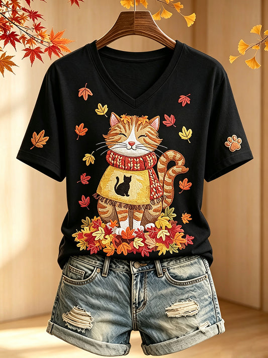 Naisten Cute Fall Cat Print V Neck Lyhyhkeä T-paito