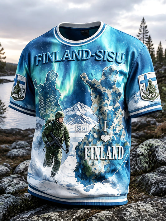 Miesten sininen suomalainen sotilas 'Sisu' Henki Print Casual T-paito
