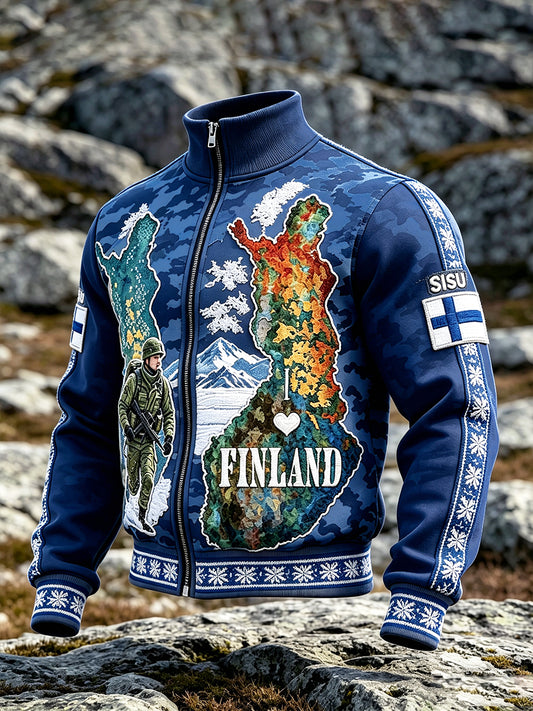 Miesten Dark Blue Camouflage Suomen sotilas 'Sisu Henki' Tulosta Casual Zip-Up Takti