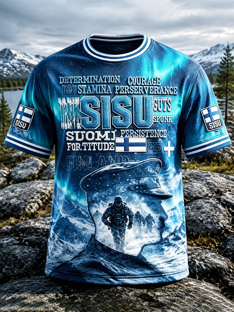Miesten Dark Sininen suomalainen sotilas 'Sisu' Henki Print Casual T-paito