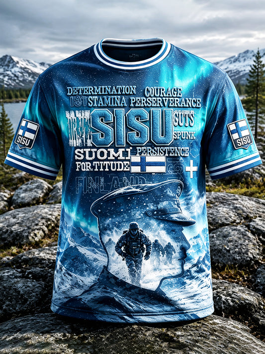 Miesten Dark Sininen suomalainen sotilas 'Sisu' Henki Print Casual T-paito