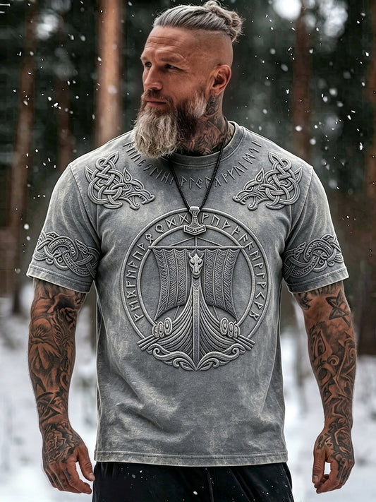 Miesten Vintage Viking alus Art Runit Tulosta Casual Short Sleeves T-paito