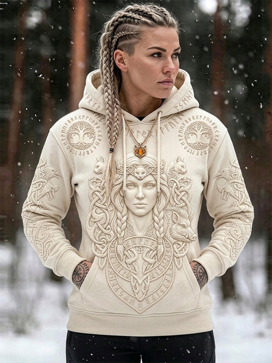 Naisten Vintage Viking Inspired Art Printa Cozy Hooded Sweatshirt taskuun