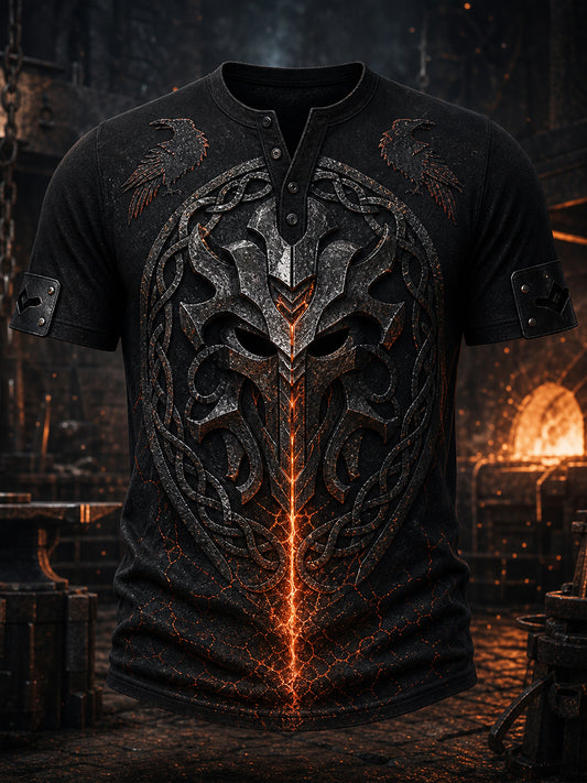 Retro Viking Art Print Casual Henley Paitalta