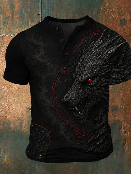 Retro viikinkitaidepainatus rento Henley-paita